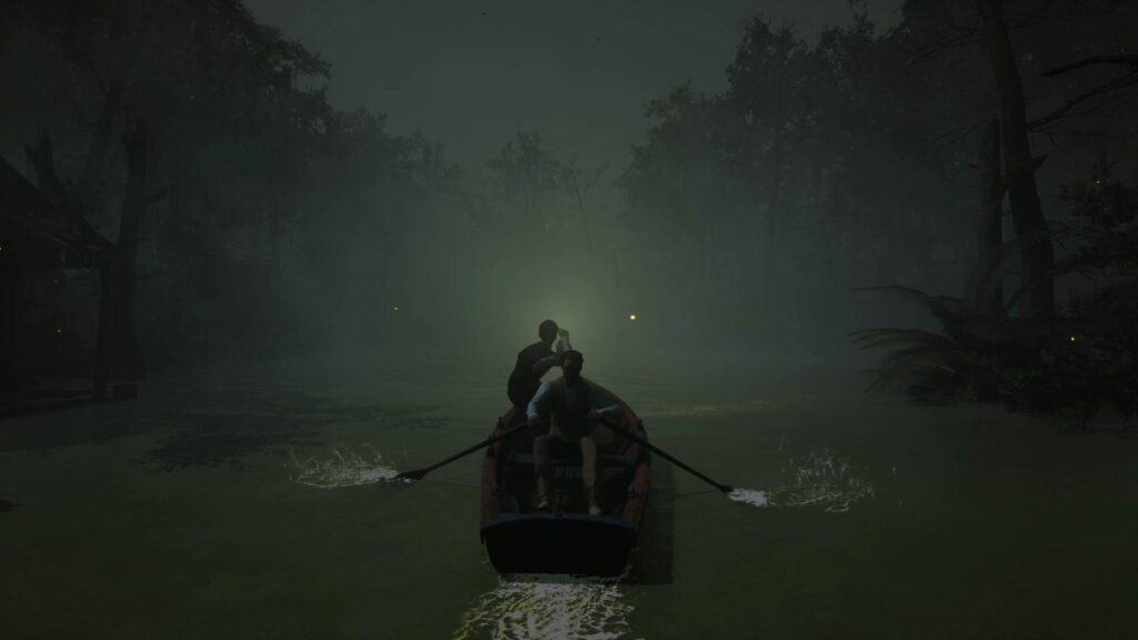 Two people in a canoe on a dark river.