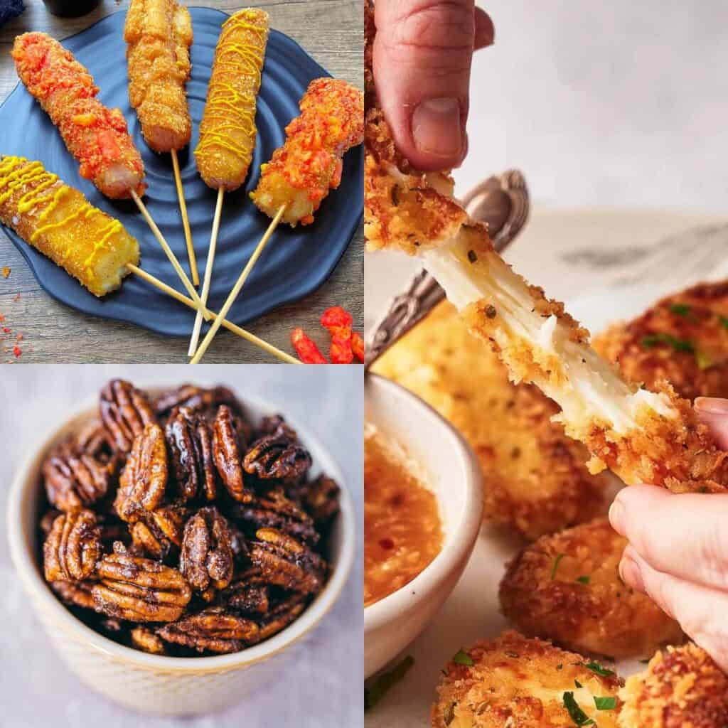 A tantalizing assortment of gaming snacks on skewers.