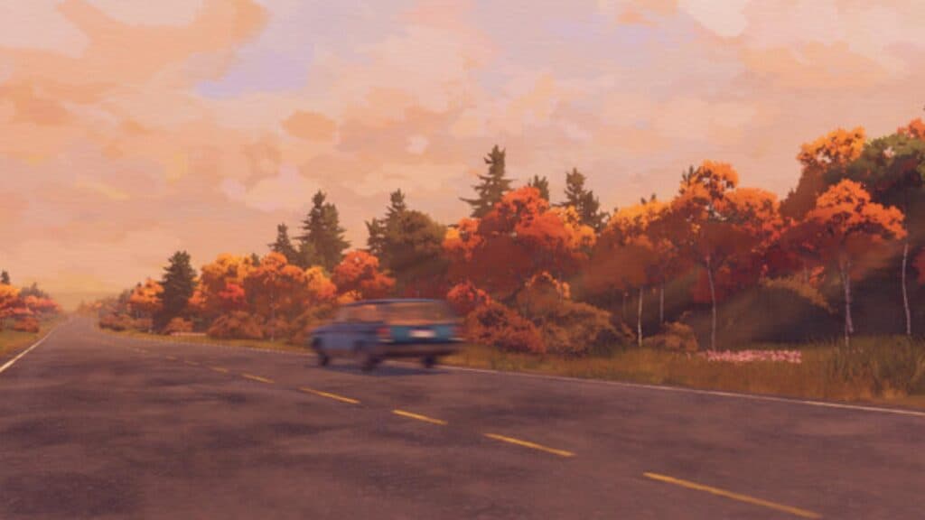 An autumn-themed painting featuring a car driving down a road, evoking feelings of nostalgia and serenity.