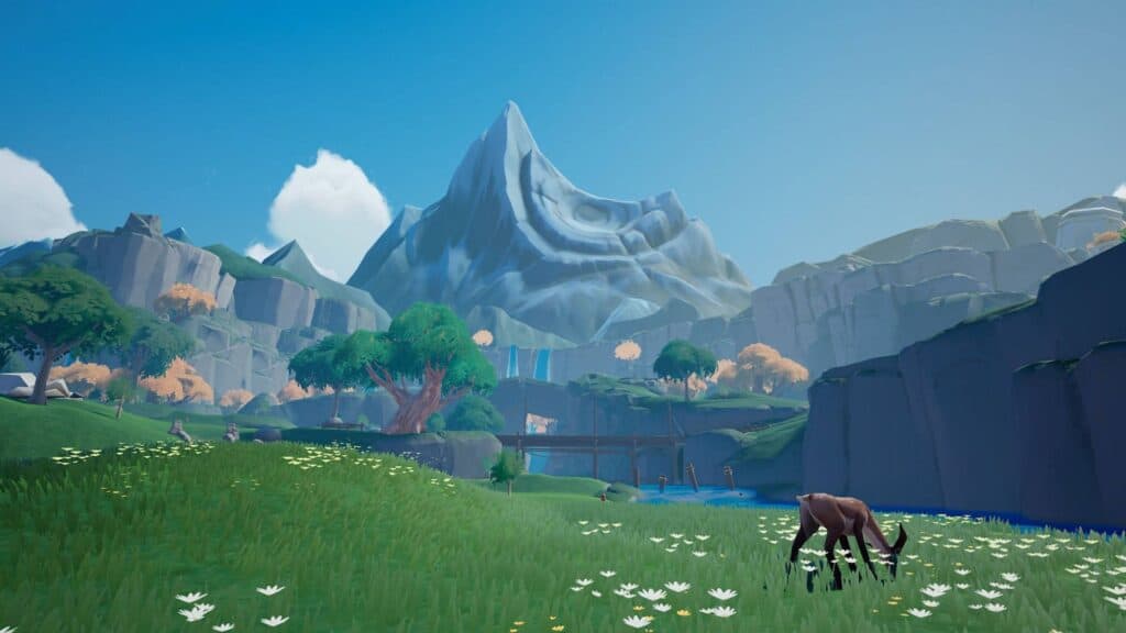 A cozy screenshot of a video game on the Nintendo Switch featuring a horse grazing in the middle of a peaceful field.