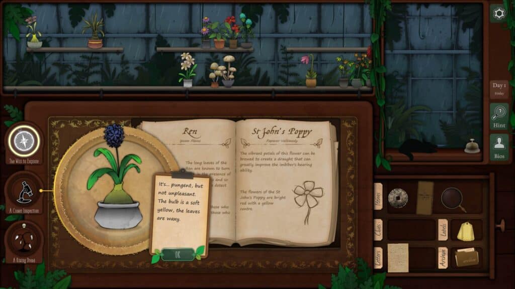 A screenshot of a computer game displaying a room adorned with plants and a book that captures the essence of strange horticulture.