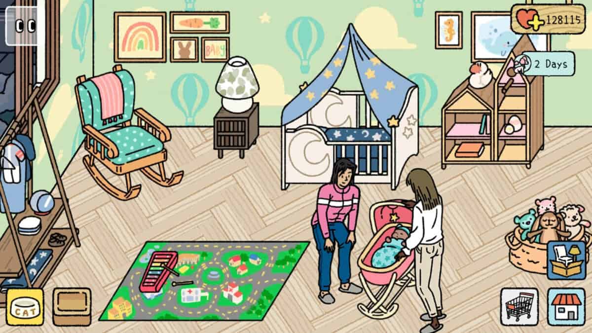 Two people are in a baby's nursery. One stands by a crib, and the other is near a bassinet. The room is decorated with toys, including games, a playmat, a rocking chair, and other baby essentials. A phone rests on the changing table nearby.