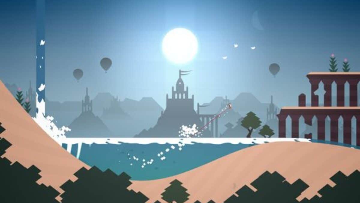 A serene landscape shows a sunset over distant mountains, a castle in the center, hot air balloons above, and ruins on the right. A character rides a snowboard, leaving a snowy trail behind, evoking the charm of cozy mobile games.