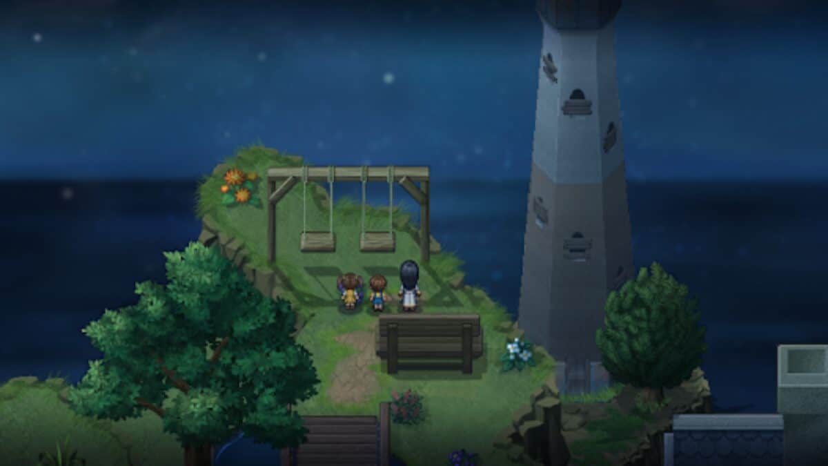 Three characters stand near a swing set and a bench on a grassy cliff by the sea, next to a tall lighthouse under a night sky.