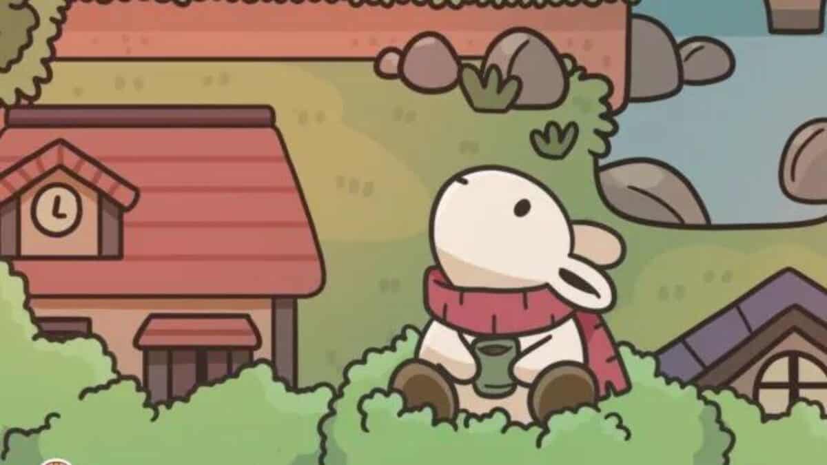 A cartoon rabbit, wearing a red scarf, sits among bushes holding a cup. A small house with a clock is in the background, surrounded by greenery and stones, evoking the charm of cozy mobile games.