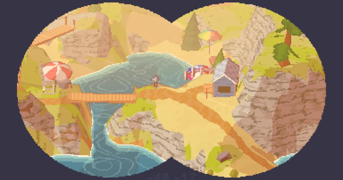 View through binoculars of a cartoon landscape with a river, cliffs, bridge, and small buildings. Umbrellas are scattered near the structures.
