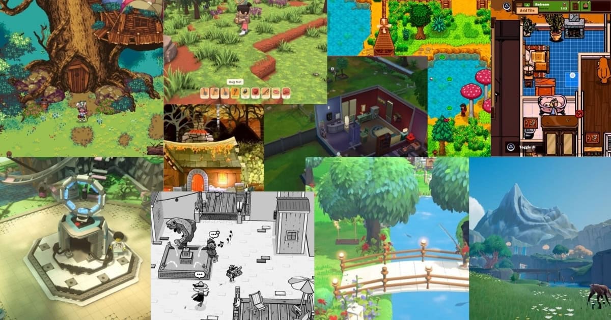 Collage of various farming and adventure game scenes featuring characters, landscapes, animals, trees, and building interiors.