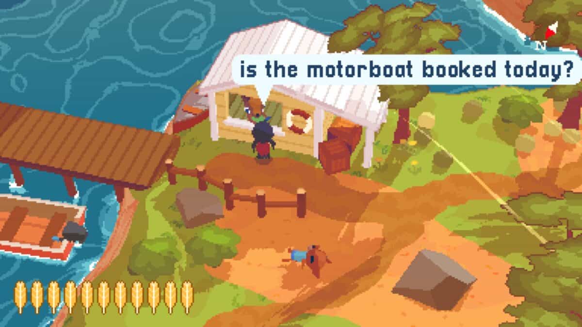 Pixel art scene of a character asking about a motorboat reservation at a lakeside shack, with another character responding. The scene includes water, trees, and a dock.