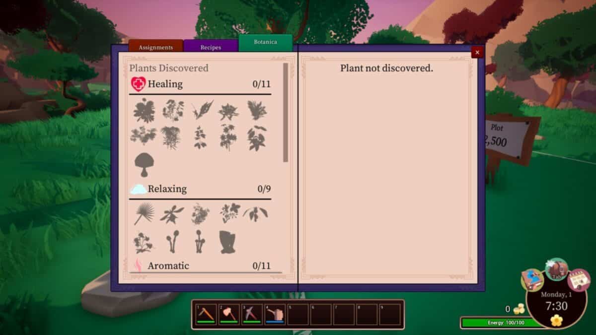 A game screen showing a plant discovery menu with categories: Healing (0/11), Relaxing (0/9), Aromatic (0/11). The right side displays "Plant not discovered." Time is 7:30, Monday, 1.