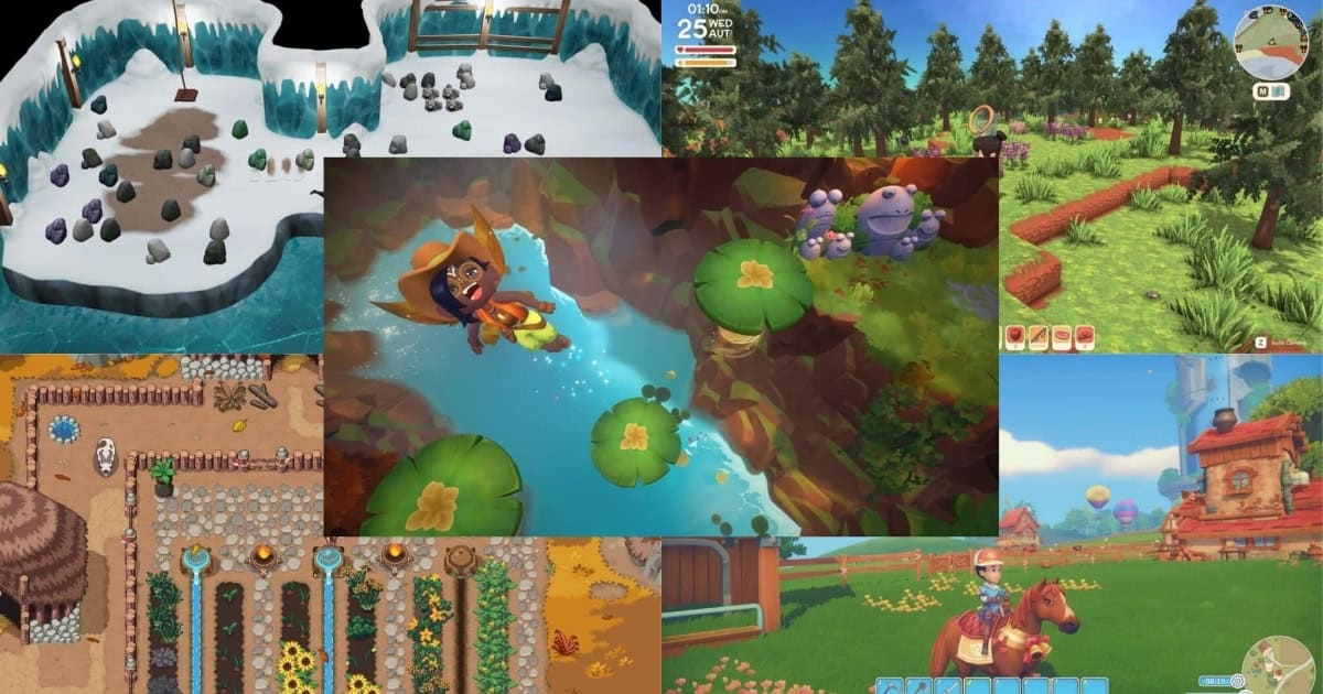 Collage of six video game scenes featuring a snowy cave, vibrant forest, farming area, water setting with character, horse riding, and garden with crops.