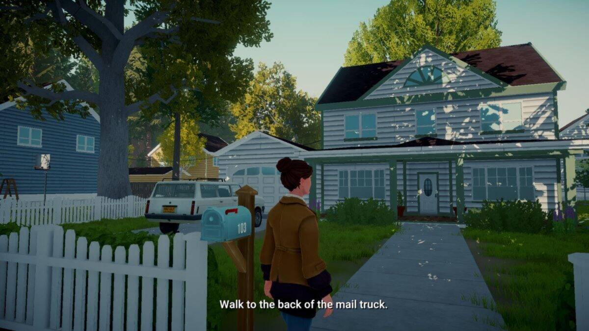 A person stands in front of a white house with a white picket fence and a blue mailbox. A mail truck is parked nearby. Text reads, "Walk to the back of the mail truck.