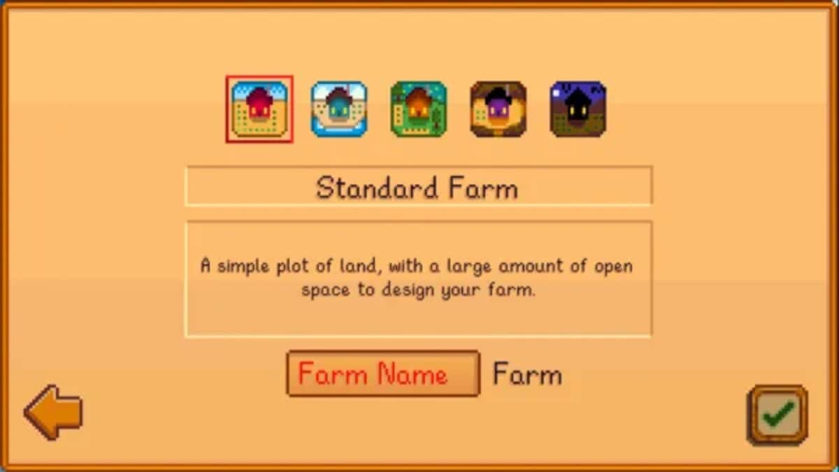Video game screen showing farm type selection with five icons. "Standard Farm" is selected. Text describes it as a simple plot with open space. Input box displays default farm name.