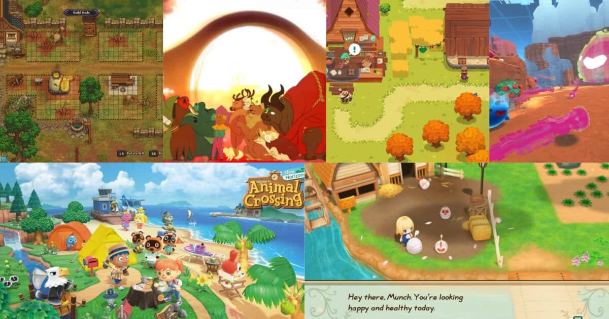 Collage of various farming and life simulation game screenshots, featuring rustic village settings, animals, and characters engaging in daily activities.