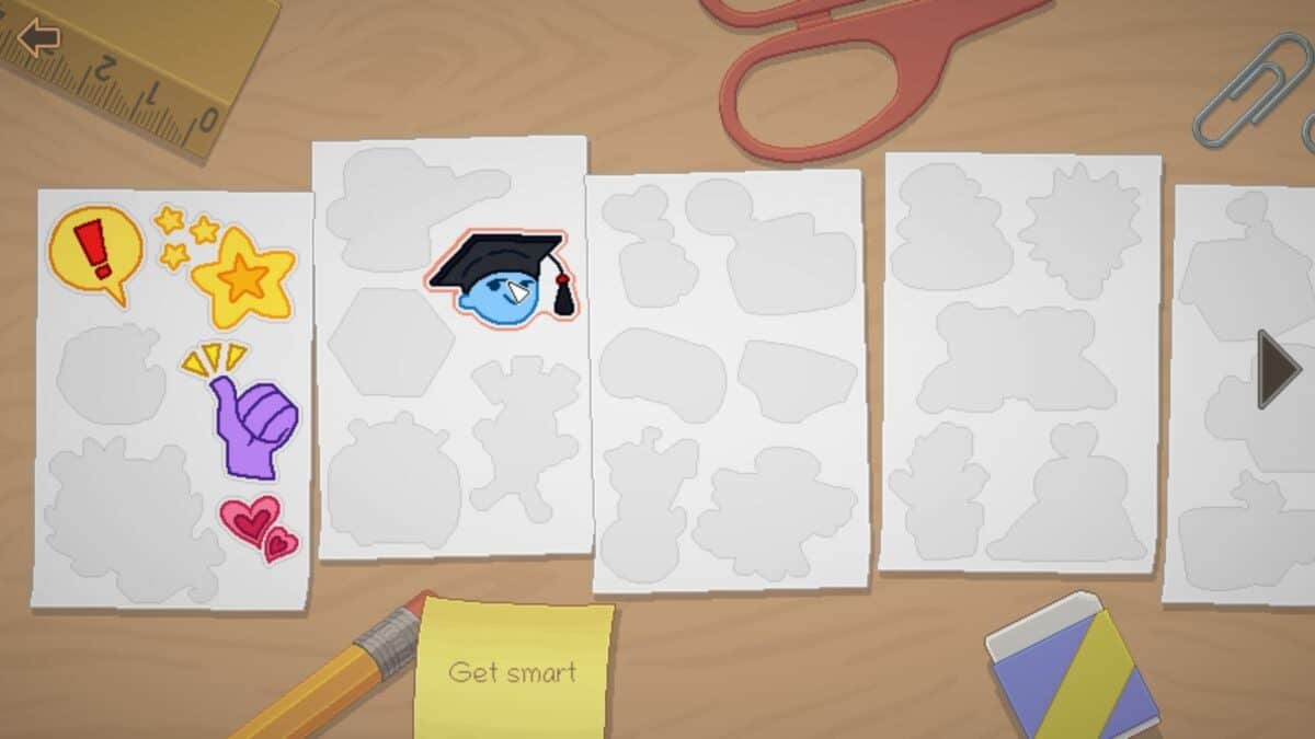 Stickers and outlines on a desk include an exclamation mark, star, graduation cap with bird, thumbs up, and various shapes. Nearby are a ruler, scissors, pencil, paperclips, and an eraser.
