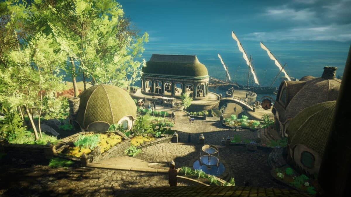 A lush fantasy village with dome-shaped houses, cobblestone paths, and a fountain, set near a harbor with sailing ships in the background.