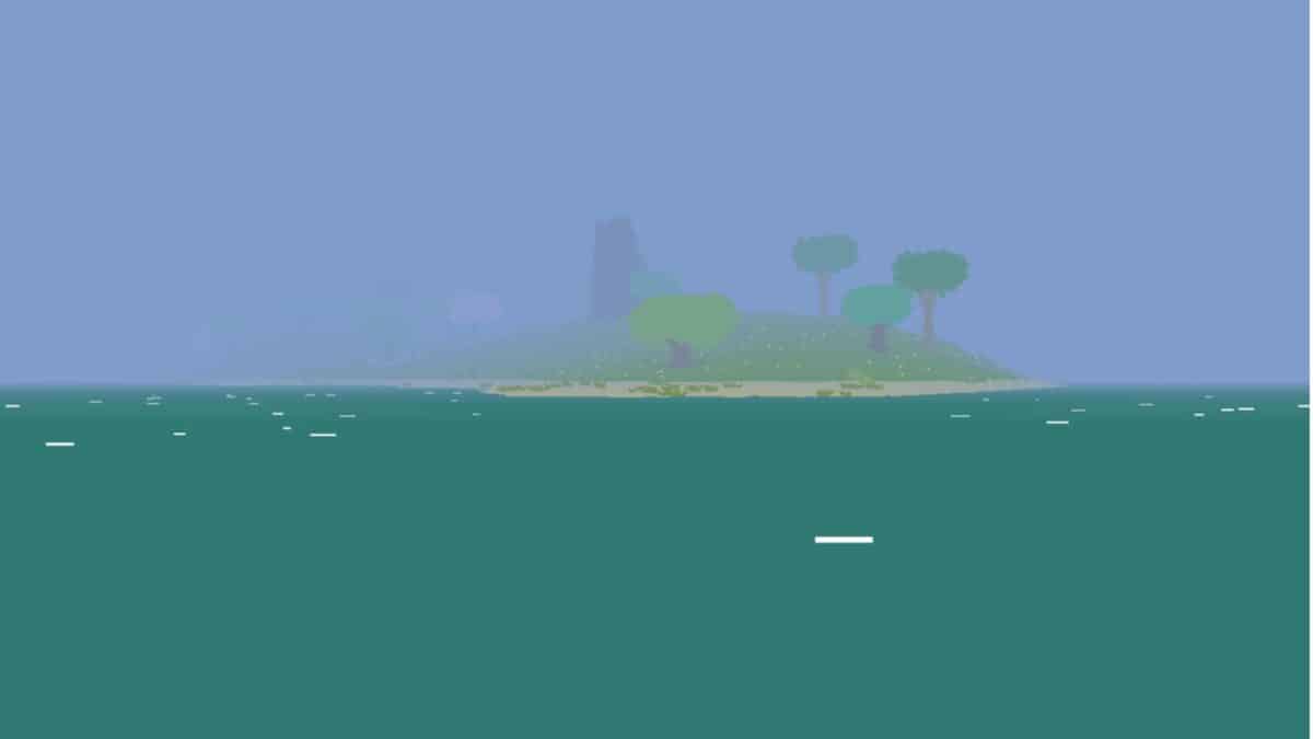 A minimalist, pixelated landscape of a small island with trees and a tower, surrounded by water under a foggy sky.