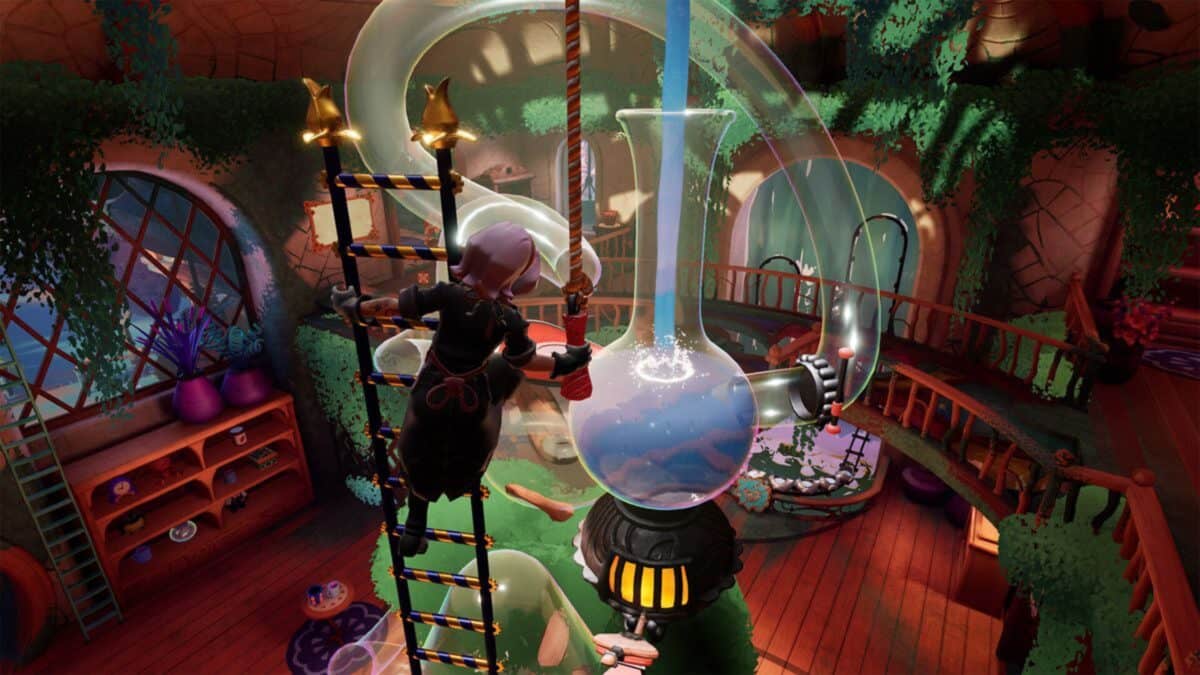 A person in a dark outfit climbs a ladder to pour liquid into a large glass beaker in a whimsical, plant-filled room with arched windows and wooden floors.