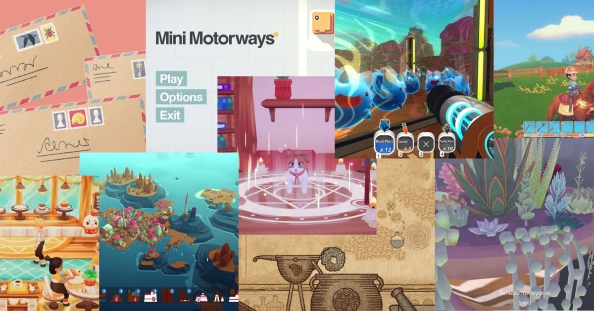 Collage of video game images, featuring Mini Motorways, Slime Rancher, cozy game visuals, colorful landscapes, and whimsical elements like magical creatures and detailed environments.