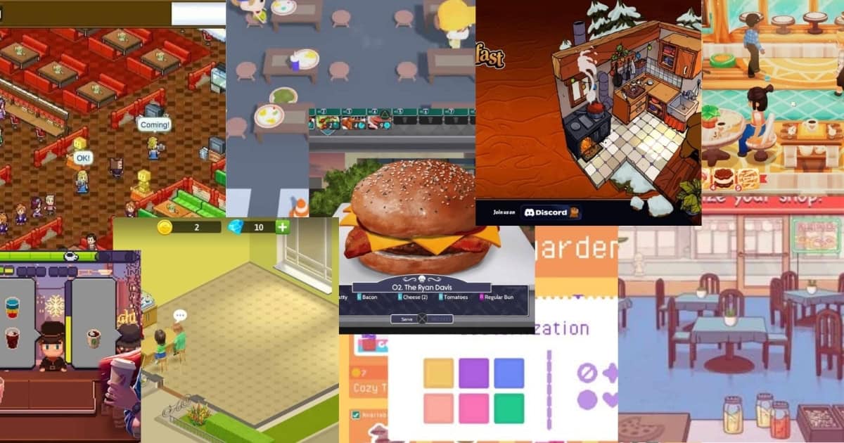 A collage of various video game scenes featuring restaurant and cooking themes, including kitchen setups, dining areas, and food preparation gameplay elements.