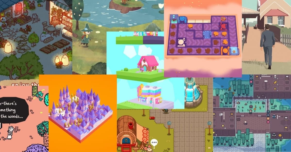 Collage of various indie video game scenes, each featuring distinct colorful art styles, characters, environments, and objects from different games.
