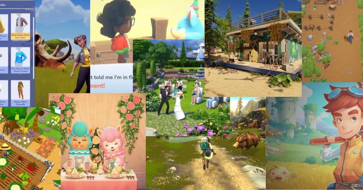 A collage of cartoon-style farming simulation game scenes, including characters, animals, crops, weddings, and buildings in bright, colorful environments.