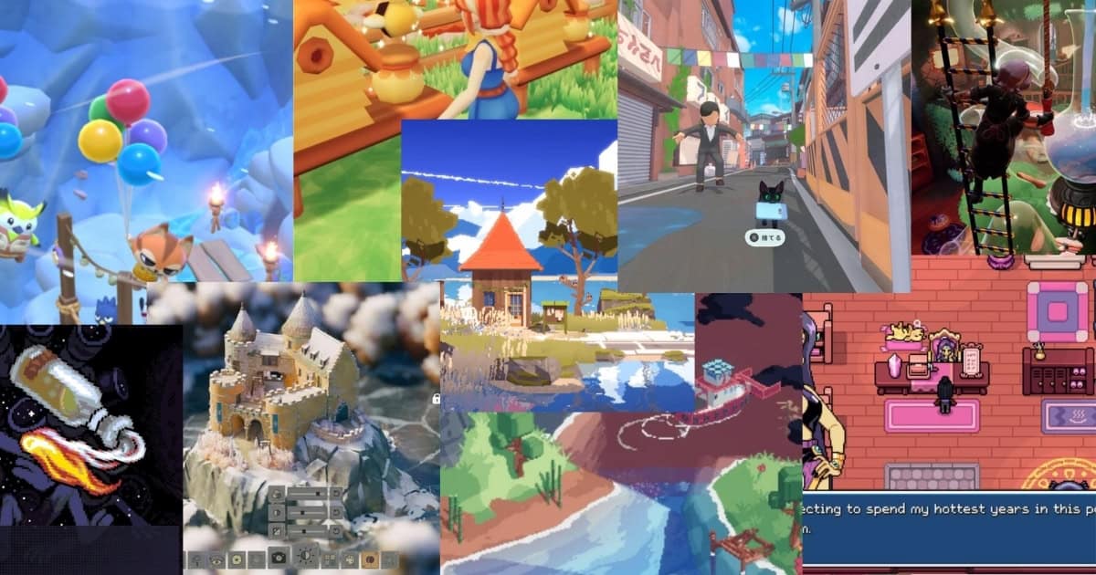 Collage of colorful video game screenshots featuring various scenes, including a castle, animals, cityscapes, and pixel art.