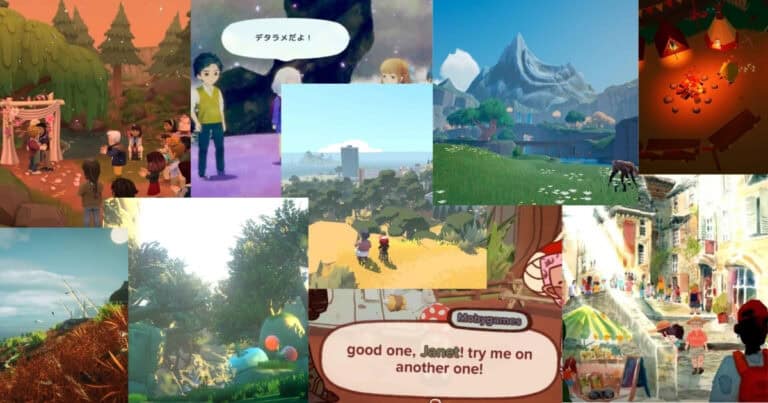 A collage of colorful scenes from various video games, featuring outdoor landscapes, characters, markets, celebrations, and dialog boxes.