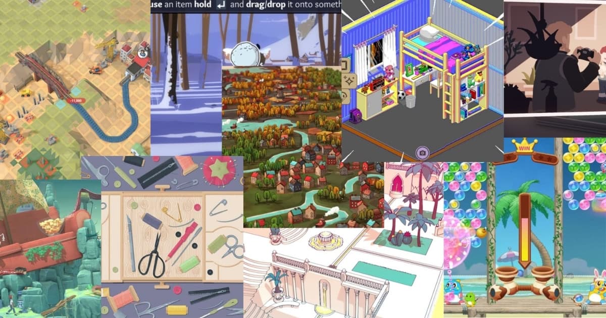 A collage of various colorful video game screenshots, including puzzles, building scenes, crafts, and fantasy landscapes.