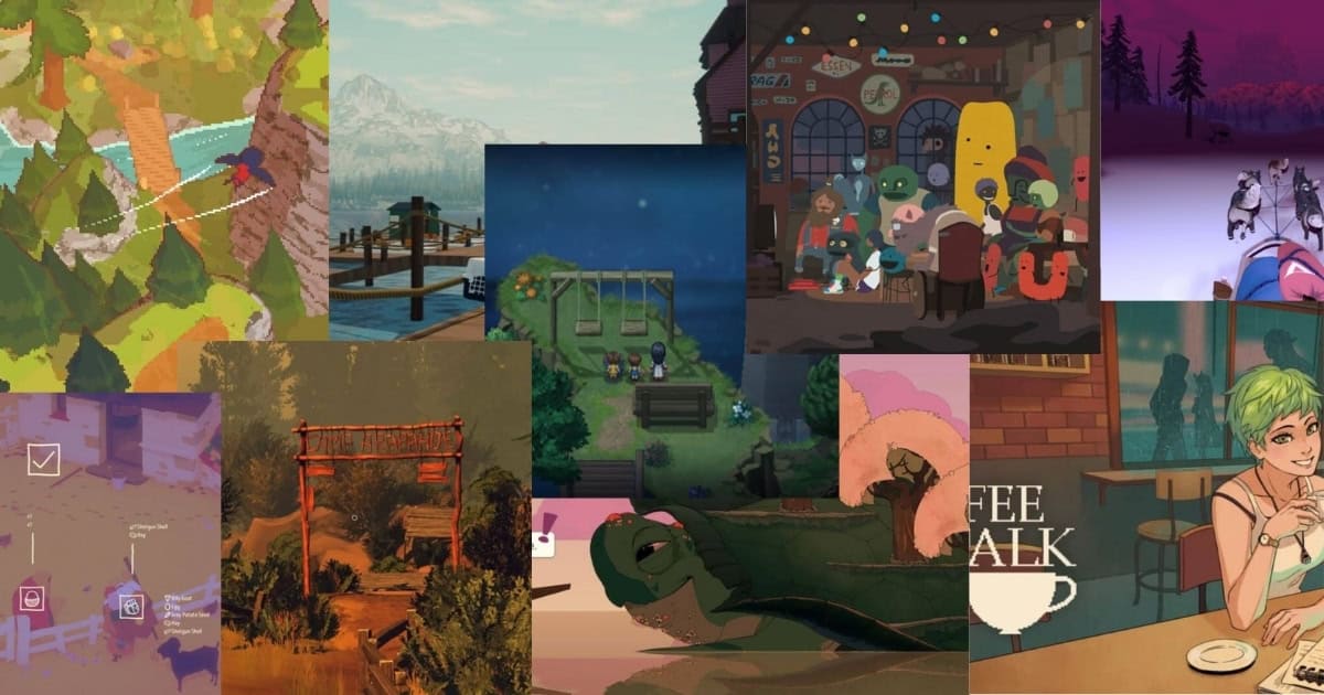 A collage of various illustrated scenes from video games, including landscapes, characters in social settings, and outdoor environments.