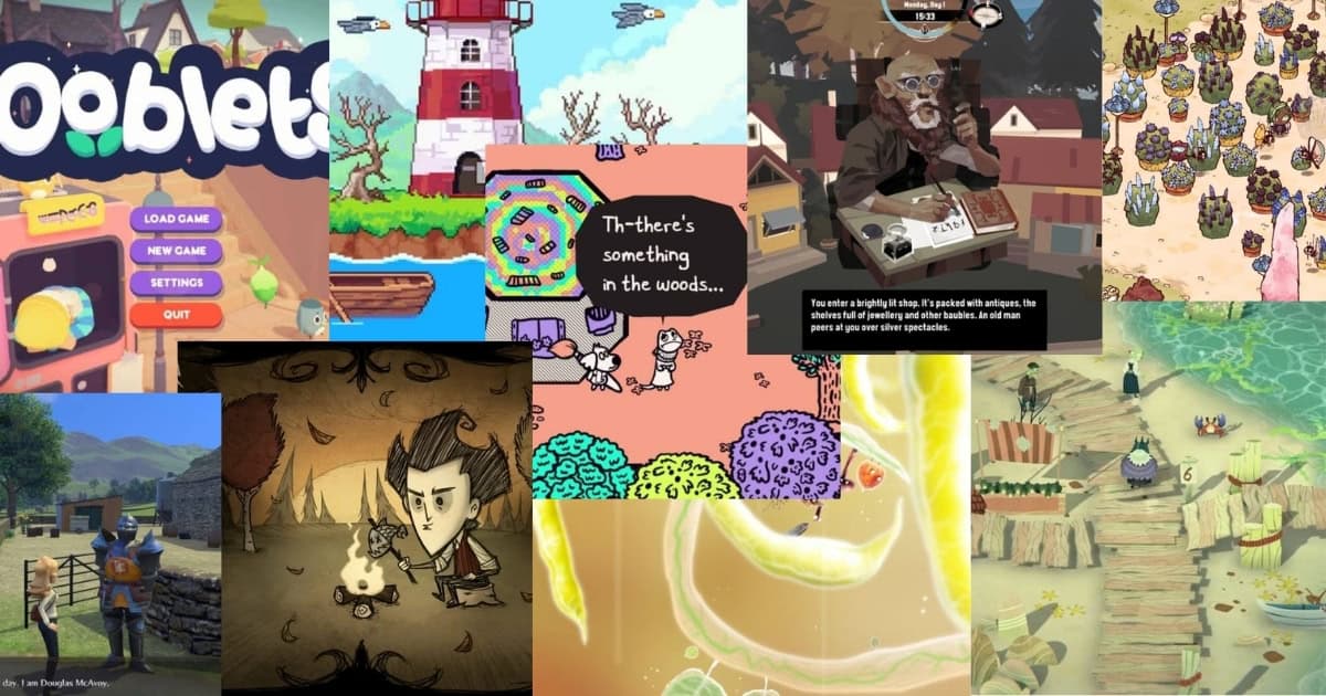 A collage of colorful video game screenshots, featuring various characters, environments, and game menus from different indie titles.