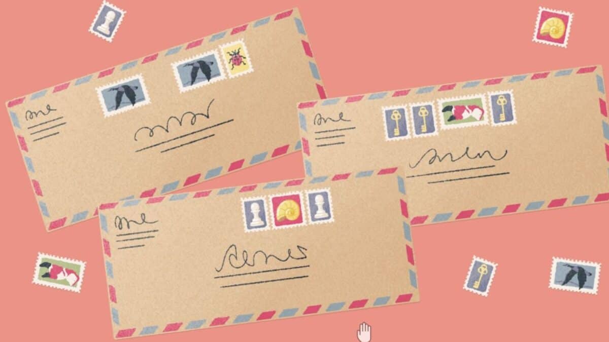 Three airmail envelopes with stamps are scattered on a coral background alongside several loose stamps.