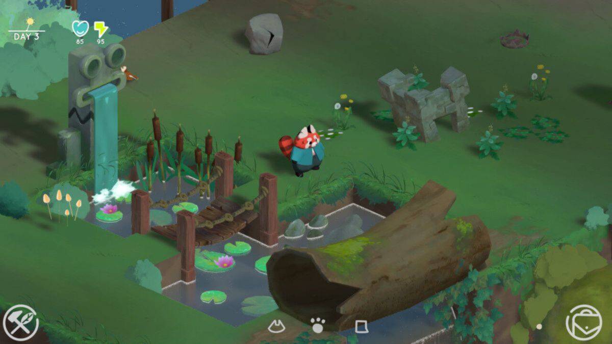 A fox character stands on a wooden bridge over a pond with lily pads, near a stone structure and a waterfall with a face, in a colorful game environment.