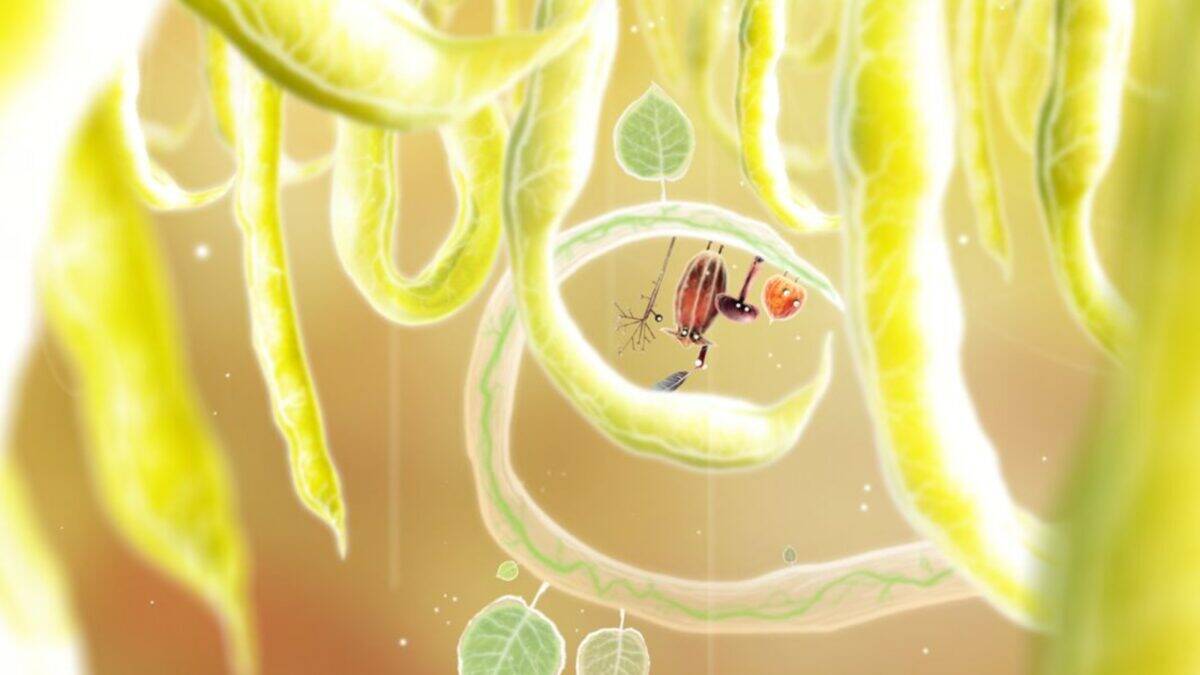 A small insect stands on a spiraling green vine surrounded by large, hanging plant tendrils and floating leaves against a warm, glowing background.
