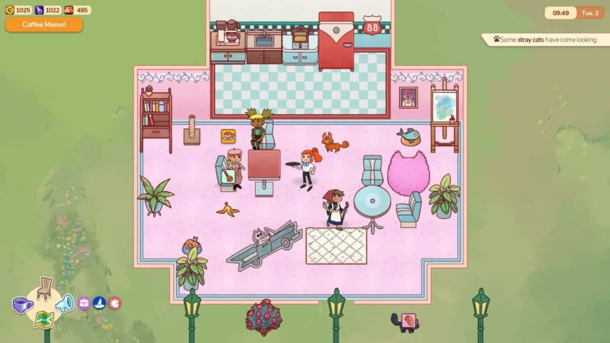 A top-down view of a pastel-colored room with various furniture, cats, and two characters; a kitchen area is visible at the top of the room. Game interface elements are displayed.