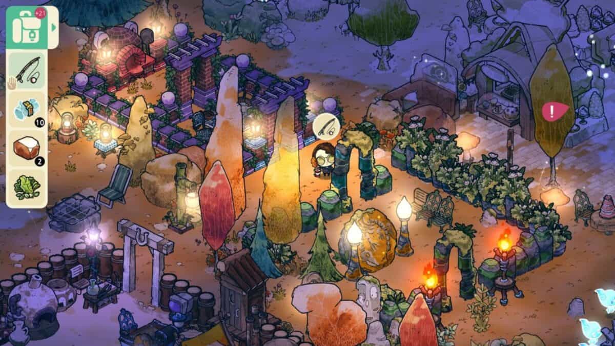 A top-down view of a whimsical, brightly-lit garden scene from a video game, featuring crops, trees, lanterns, and various interactive objects, with a character near the center.