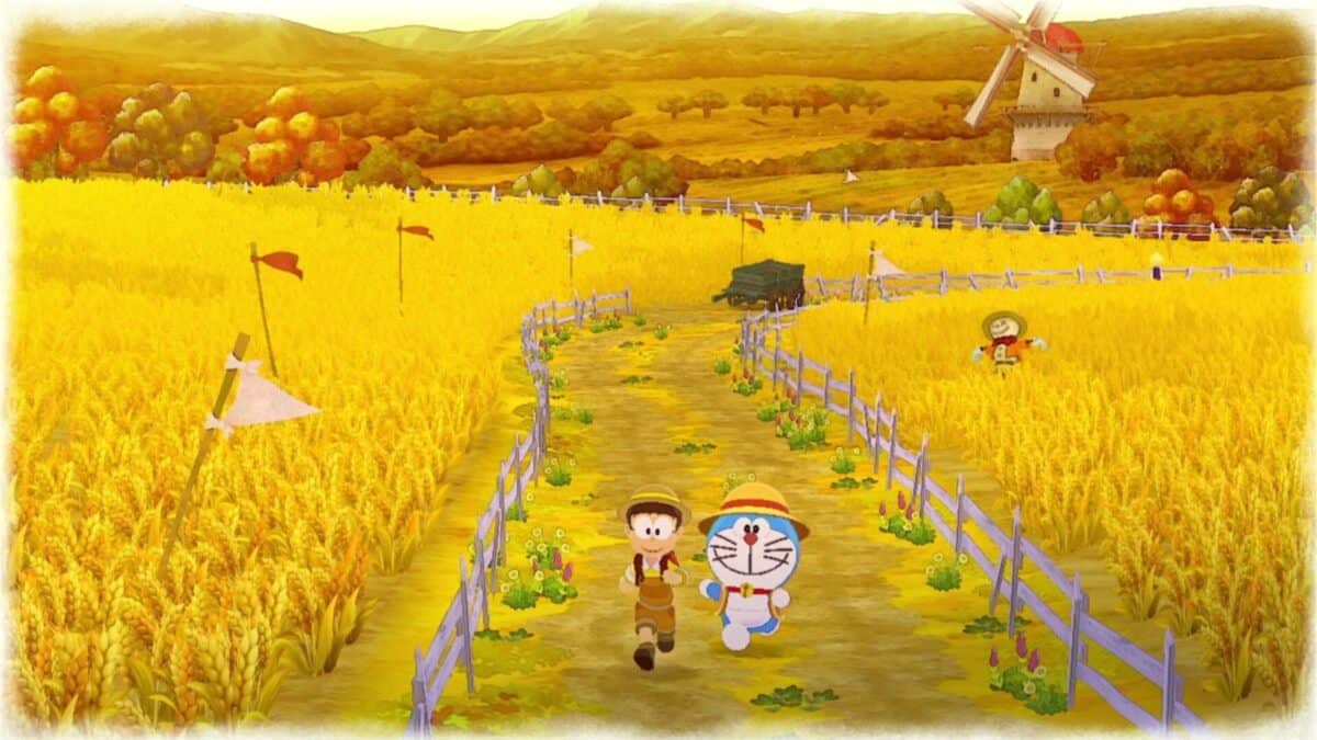 Two animated characters walk along a dirt path through a golden wheat field with a windmill and scarecrow visible in the background under a yellow sky.