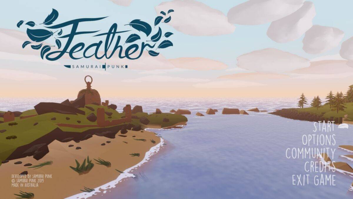 Video game title screen for "Feather" by Samurai Punk, featuring a coastal landscape with a beach, water, and distant trees. Menu options are displayed on the right.