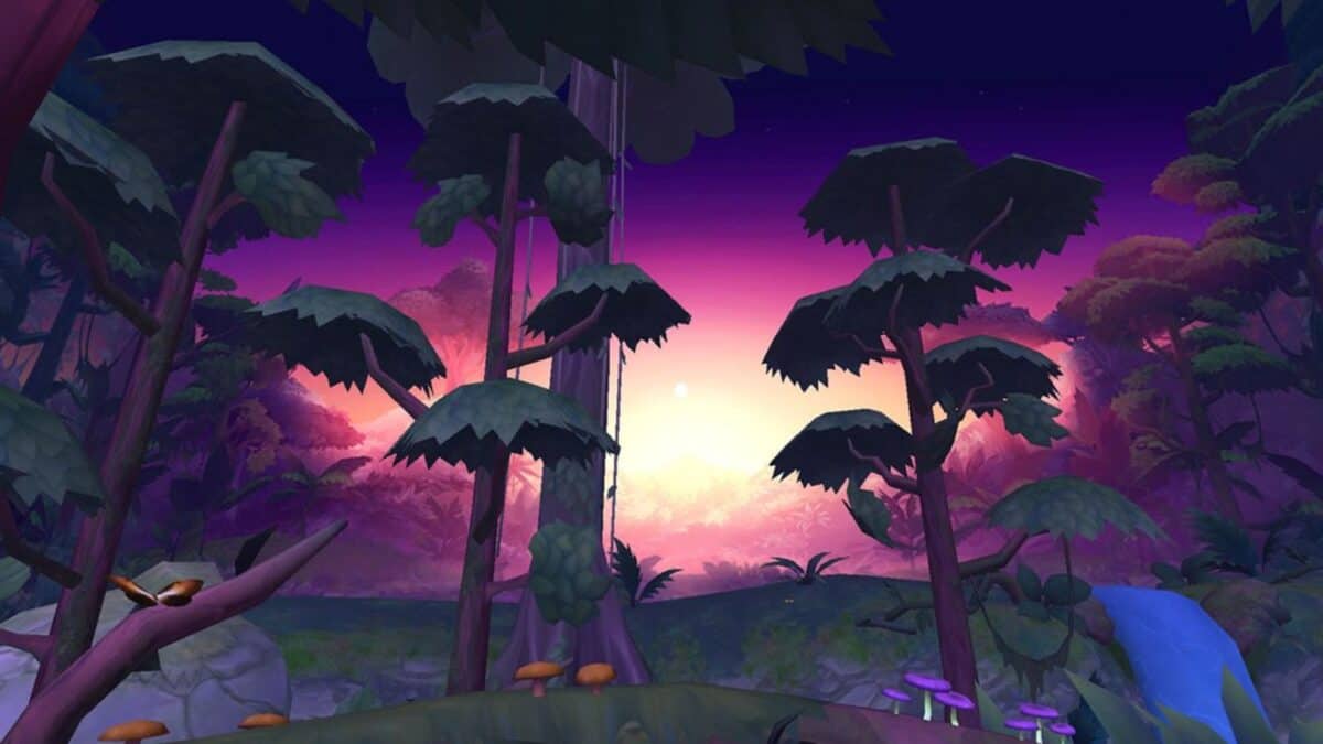 Animated forest scene at dusk with tall trees, a colorful sky transitioning from pink to purple, mushrooms on the forest floor, and a glimpse of a waterfall in the background.