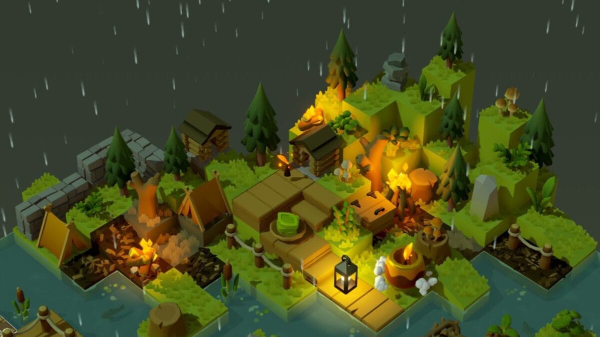 Isometric view of a pixel-art forest campsite with tents, log cabins, trees, lanterns, and a river, illuminated by glowing campfires under falling rain.
