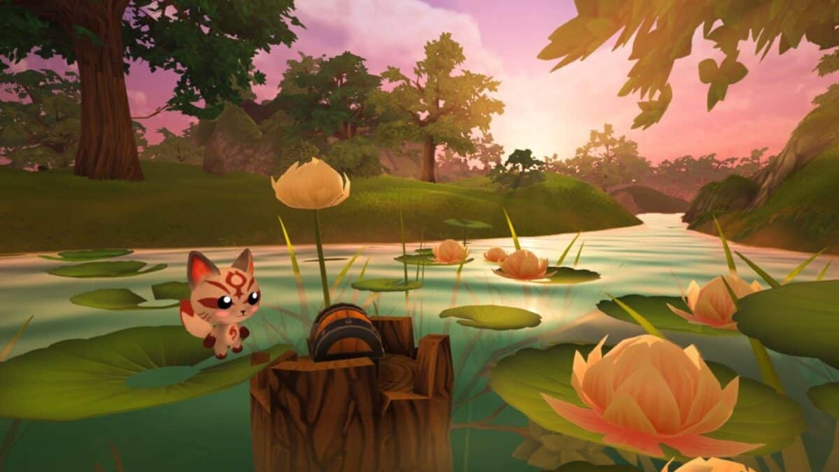 A cartoon fox stands on a lily pad near a stump in a tranquil river setting with pink flowers and a sunset sky.