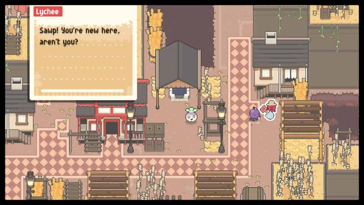 Pixel art game scene showing a village with a dialogue box from Lychee: "Sawp! You're new here, aren't you?" Characters and buildings are styled in a cute, colorful design.
