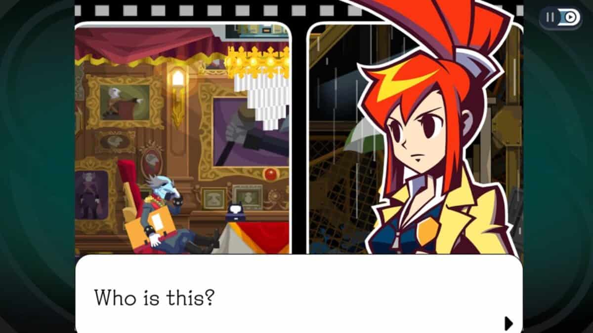 A split screen shows a blue-skinned character in a chair on the left and a red-haired woman in a yellow jacket on the right, with the text "Who is this?" at the bottom.