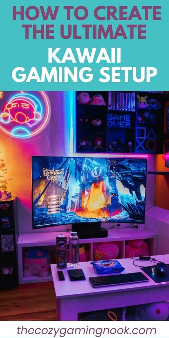 A colorful kawaii gaming setup featuring a large monitor, neon lights, plush toys, a keyboard, and drinks on a white desk, with decorative shelves in the background.