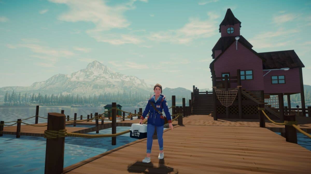 A woman stands on a wooden dock holding a box, with a large house on stilts and a mountain range visible in the background.