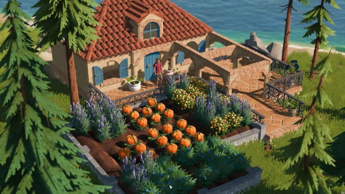 A garden with pumpkins and flowers is in front of a Mediterranean-style house by the sea; two people are standing on the patio under a sunny sky.