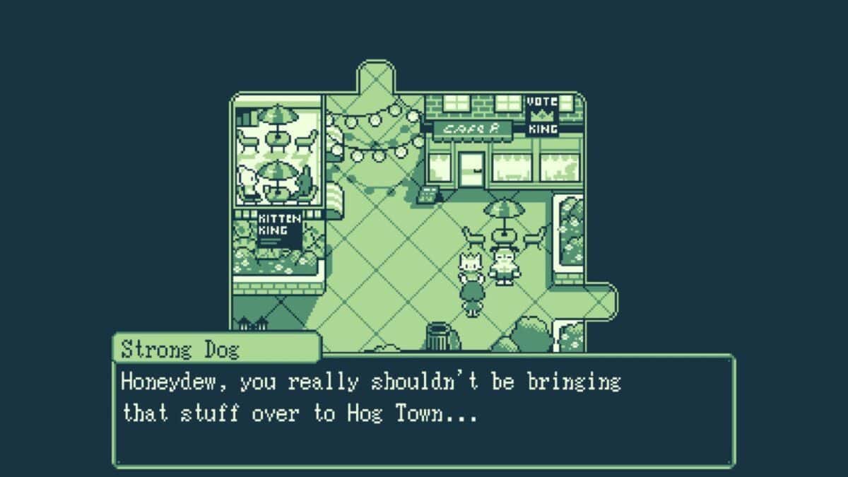 Pixel art game scene with characters in a shop. Dialogue box at bottom says, "Honeydew, you really shouldn't be bringing that stuff over to Hog Town...