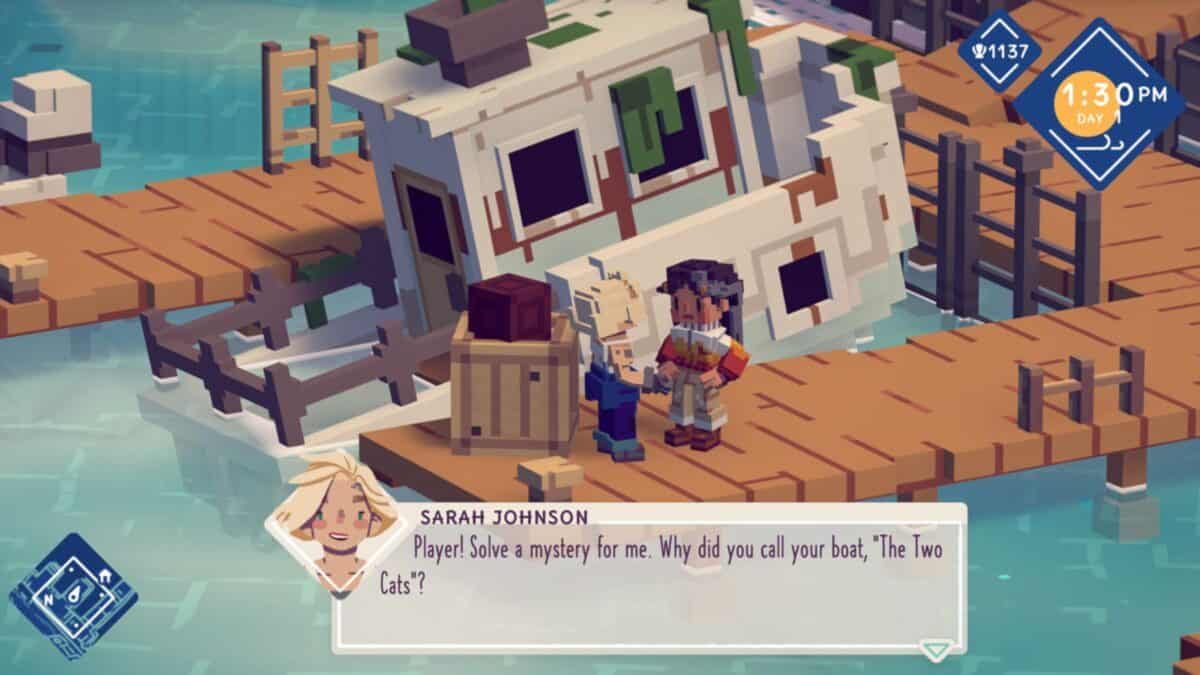 Two animated characters stand on a dock next to a damaged boat. A dialogue box reads: "Player! Solve a mystery for me. Why did you call your boat, 'The Two Cats'?.