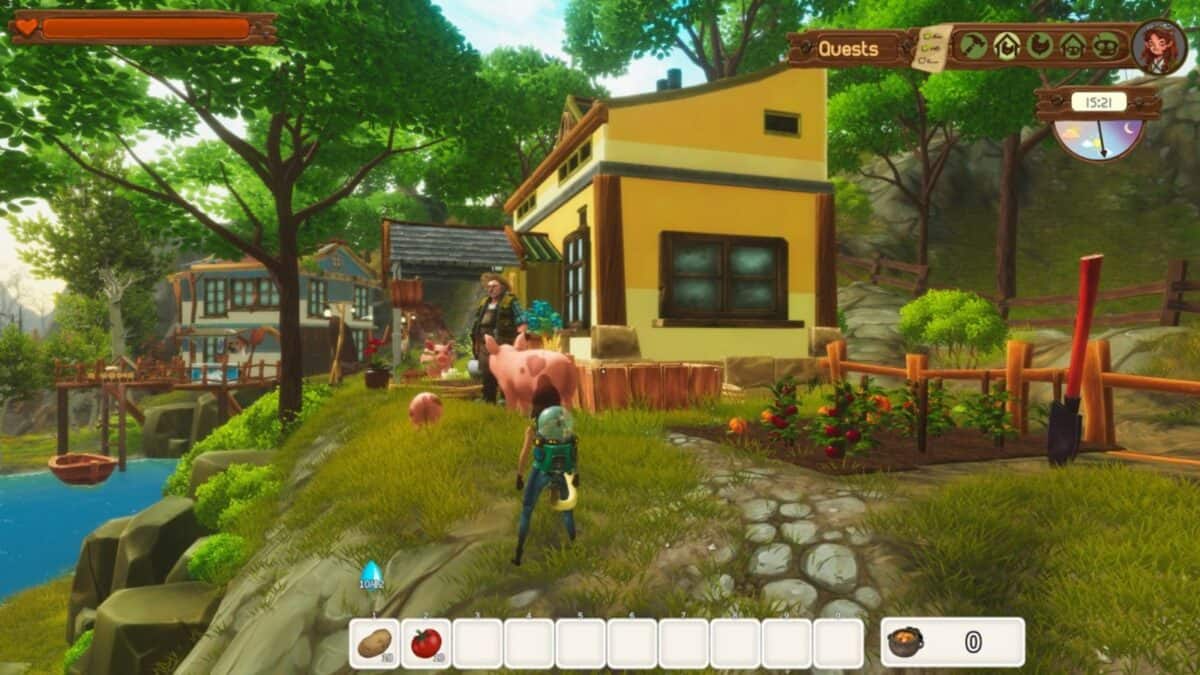 A video game scene shows a character approaching a house with a pig and NPC nearby, surrounded by trees, flowers, and a lake, with quest and inventory menus visible.
