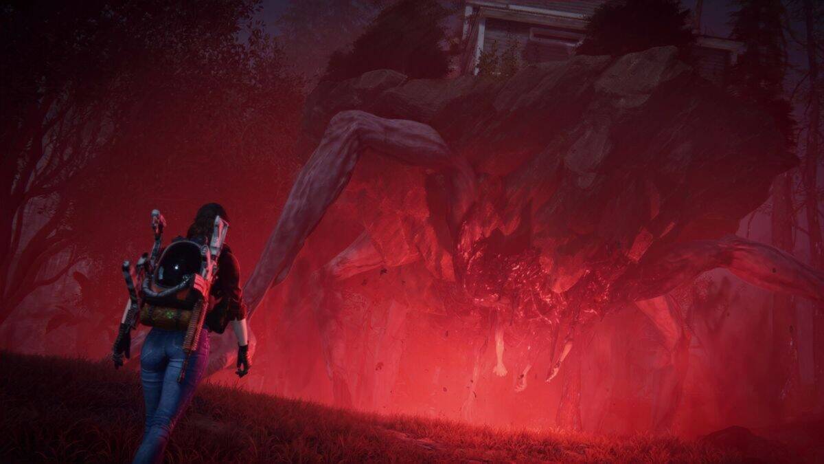 A person with a backpack faces a large, spider-like creature with long legs and a glowing red aura in a dark, wooded area.