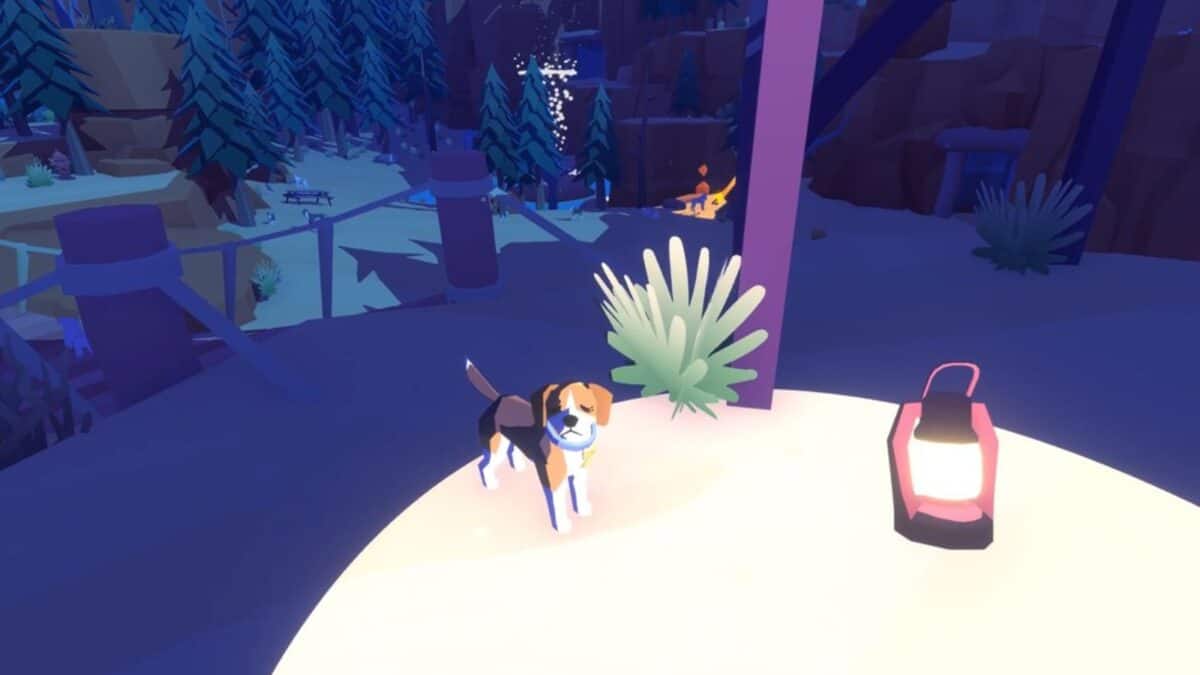 A cartoon-style dog stands in a brightly lit area next to a lantern, with trees and another animal visible in the shadowy background.